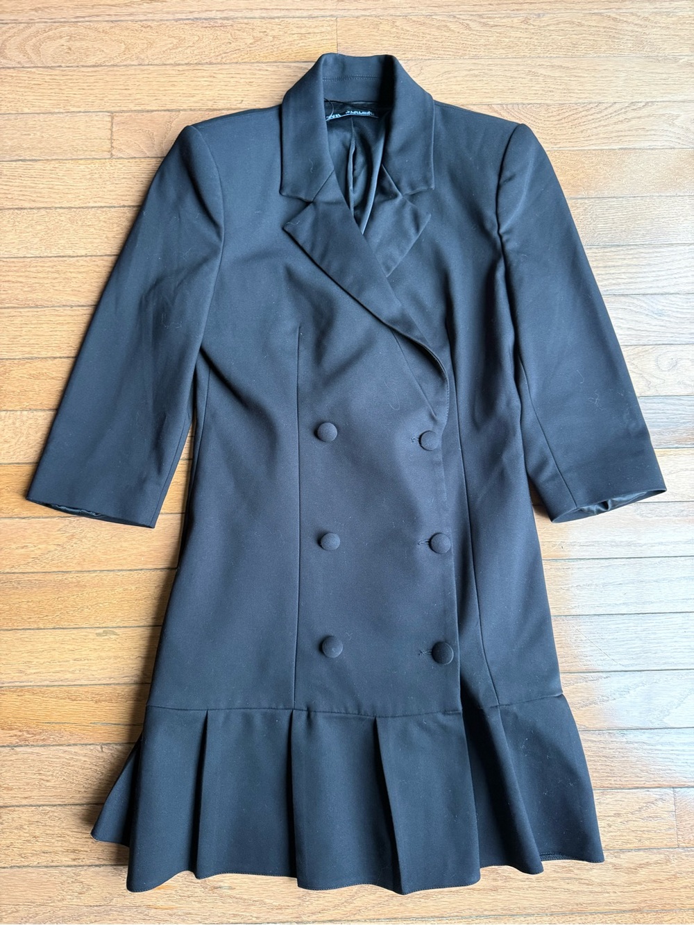 ZARA Black Double Breasted Blazer Dress Pleated Hem Size Small - Picture 3 of 8